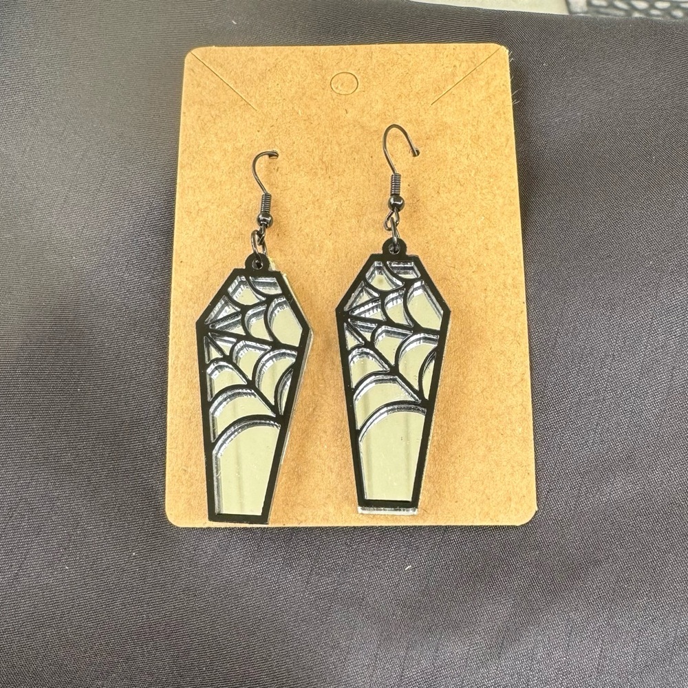 Mirrored Coffin Fashion Earrings With Spiderweb